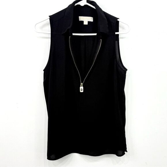 MICHAEL Michael Kors Black Semi Sheer Collared Gold Half Zip Sleeveless Blouse - Picture 6 of 14